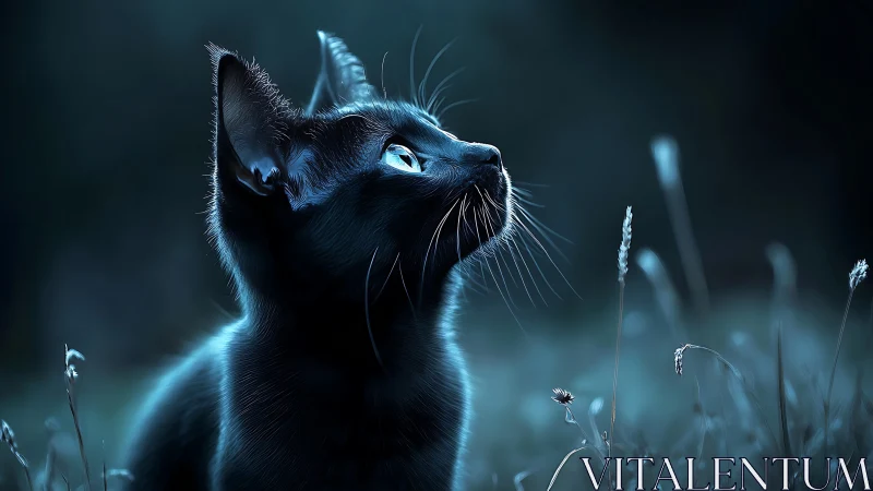 Luminous Black Cat Gazing Upward in Mystical Field.