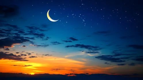 Crescent moon over vivid blue dusk sky above sunset horizon.