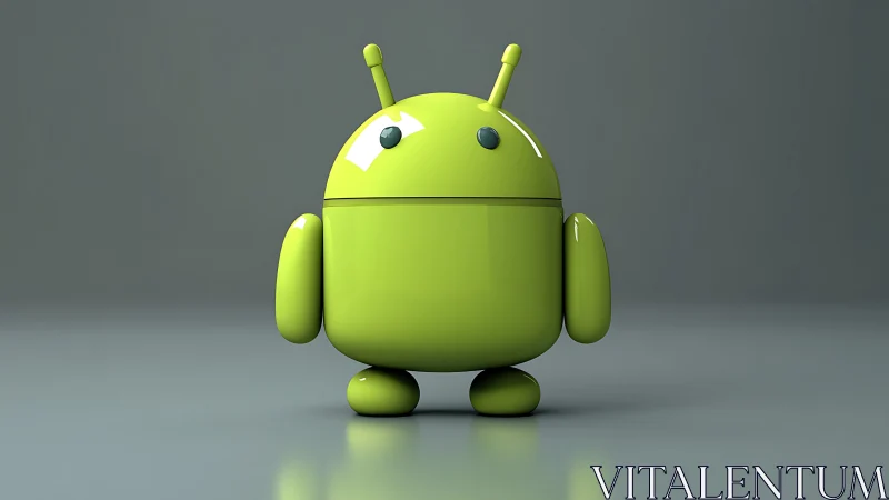 Green robot mascot stands centered on smooth gray surface