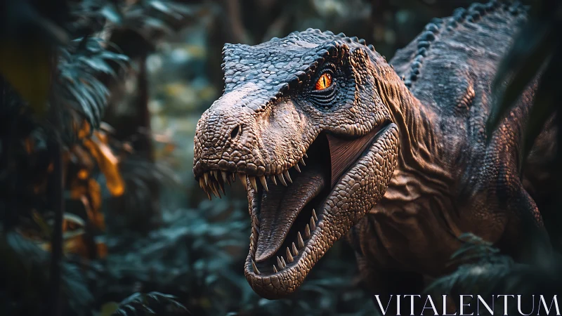 Hyperreal theropod predator in dense bioluminescent jungle