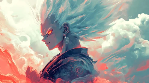 Anime warrior ignites crimson energy against turbulent sky.