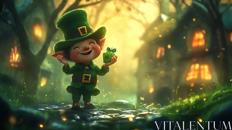 Glow-path leprechaun cradles lucky clover in twilight village.