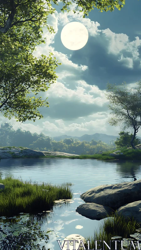 Moonlit lake reflection under drifting summer clouds.