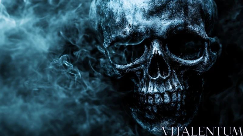 Midnight skull emerges from swirling spectral blue smoke.