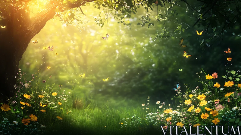 Enchanted Sunlit Meadow with Butterflies in Dreamy Fantasy Style.