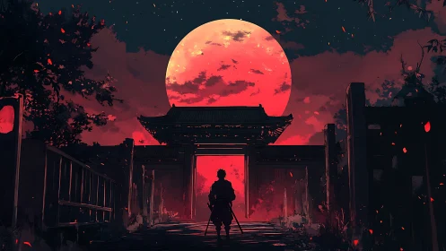 Silhouetted swordsman stands before gate under large red moon