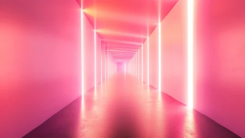 Symmetrical corridor with linear pink neon light columns.