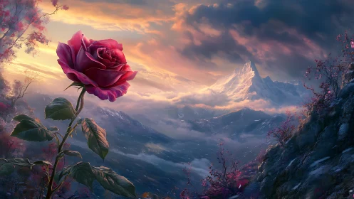 Macro-scale crimson rose against glacial sunset massif.