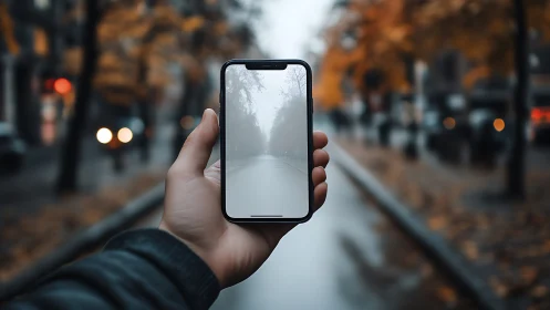 Hand holding smartphone displaying misty tree-lined path in urban park setting.