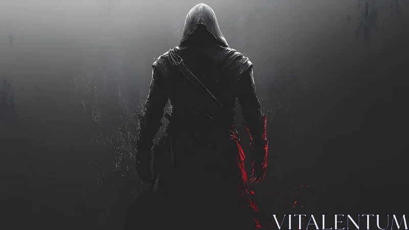 Hooded shadow warrior ignites crimson paths in the dark.