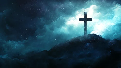 Luminous cross on stormy hill under cinematic starry sky.