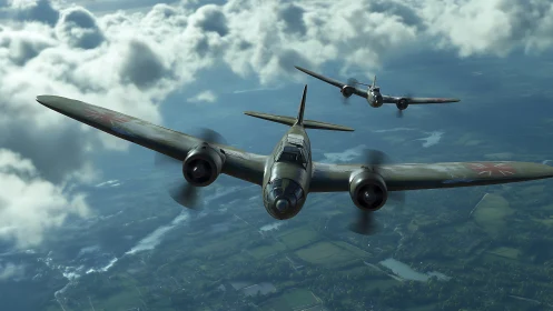 Twin WWII fighters slice through broken clouds in formation.