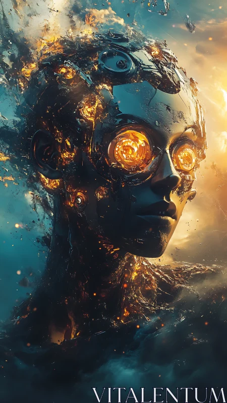 Molten cybernetic android portrait with radiant core optics