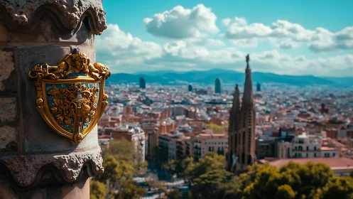 Photorealistic cityscape with ornate heraldic shield foreground.