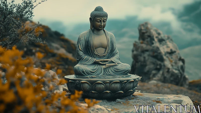 Quiet mountain Buddha statue welcomes calm among rocky peaks
