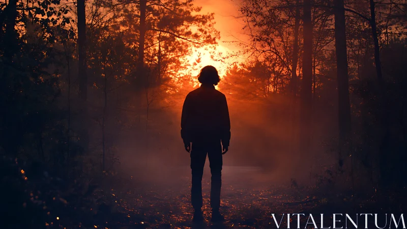 Silhouetted figure on forest path against dense orange light.
