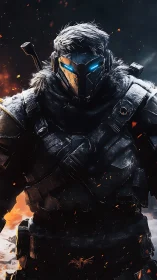 Lone cyber warrior stands calm amid sparks and shadow.