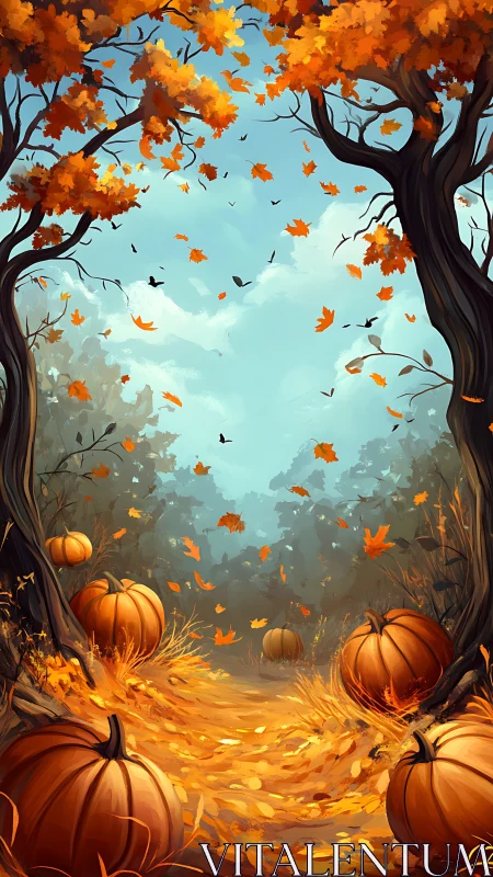 Vertical autumn forest path with pumpkins and falling leaves