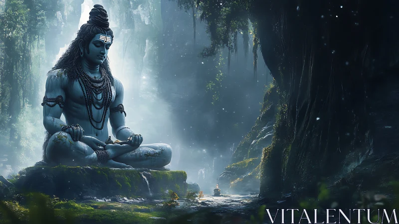 Large meditative deity figure in misty forest canyon setting.