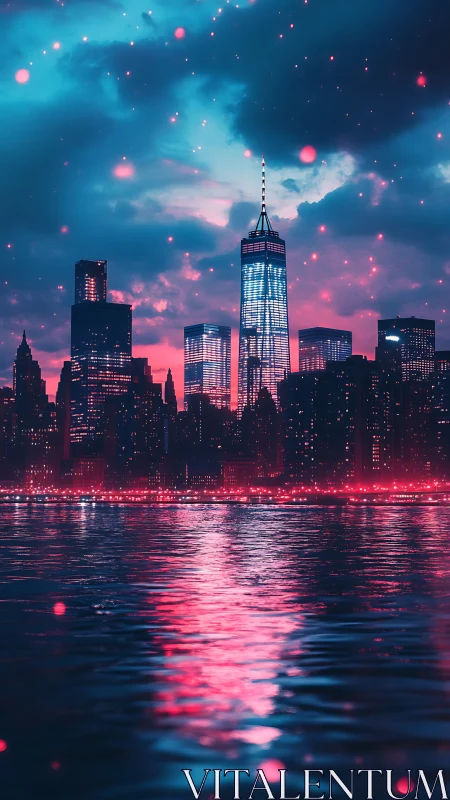 Neon skyline over shimmering bay in cyber nightscape.