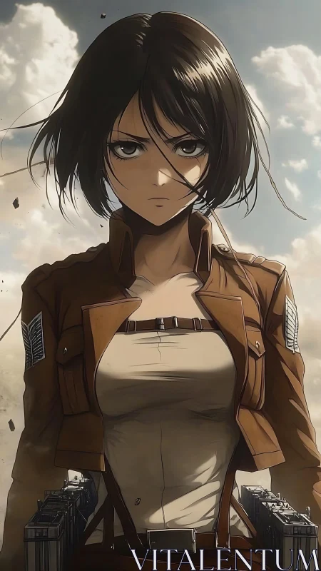 Female anime soldier stands in uniformed frontal view