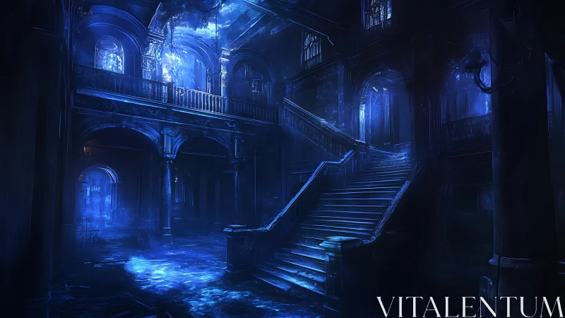 Abandoned blue lit mansion interior shows decayed staircase