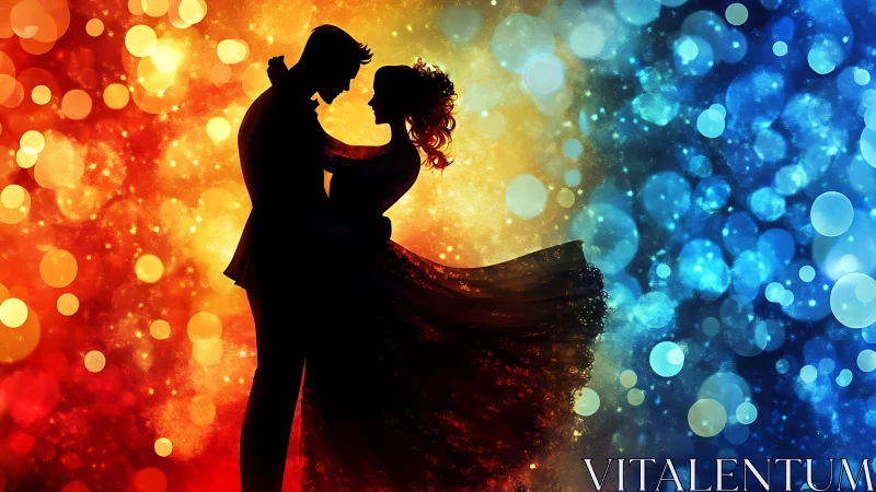 Silhouetted couple in romantic embrace with chromatic bokeh gradient.
