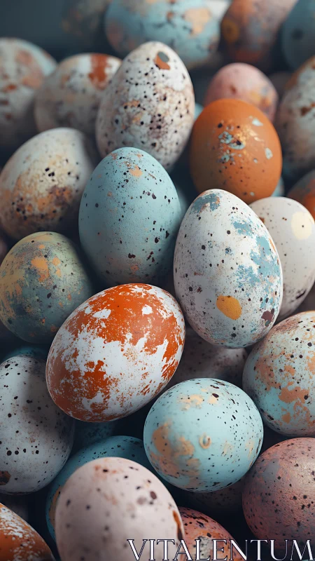 Speckled multicolored eggs in dense overlapping arrangement.
