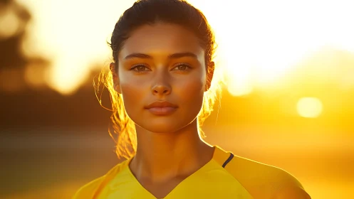 Sunlit athlete portrait framed by glowing golden hour light.