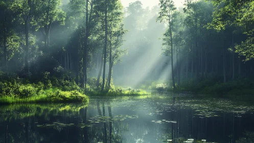 Misty Forest Wetland Landscape with Crepuscular Light Through Tall Timber