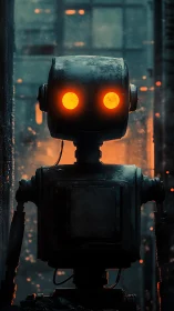 Gentle robot with glowing eyes in a moody city alley.