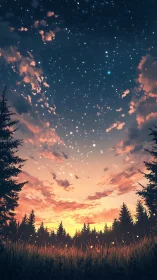 Starlit forest horizon glows beneath a serene sunset sky