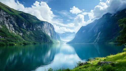 Crystal fjord reflects towering cliffs under bright summer sky.