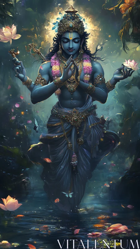 Divine blue deity over reflective water with lotus flowers.