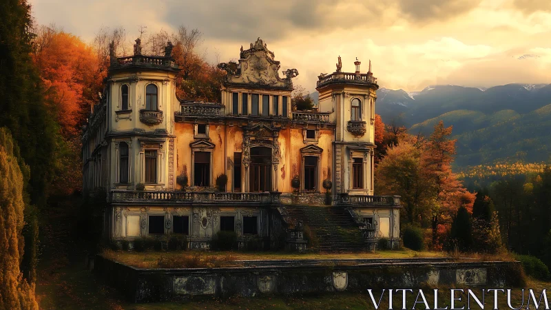 Autumn-wreathed baroque mansion dreaming under ember skies.