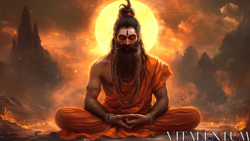 Solar halo crowns meditating sage in molten dusk stillness