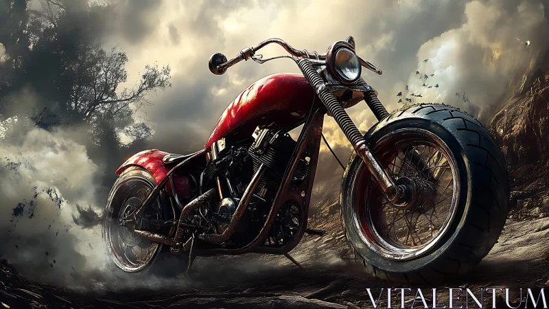 Storm-chasing crimson chopper growls across a ruined valley