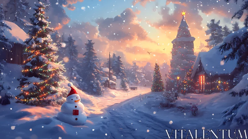 Snow-covered Christmas village glows under warm sunset light