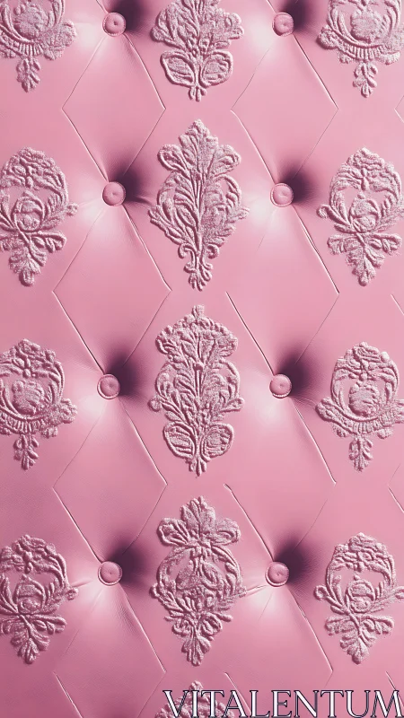 Pink tufted leather panel with embossed baroque motifs.