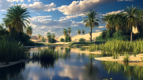 Desert oasis mirrors drifting clouds in glassy, windless water