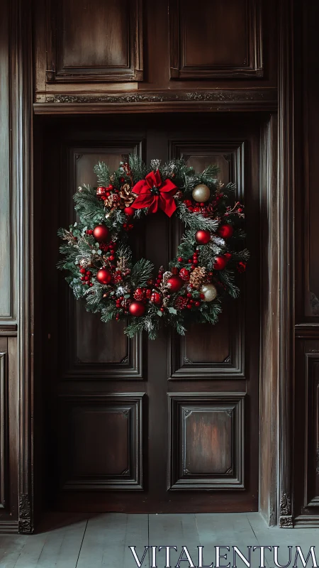 Winter wreath glows against dark wood in quiet holiday hush.