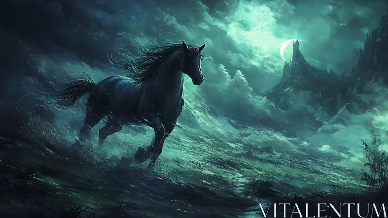 Midnight stallion gallops across stormlit, teal-tinged moorland