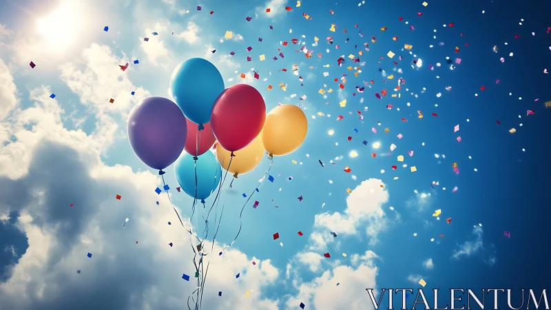 Colorful Helium Balloons with Confetti Dispersal Against Blue Sky