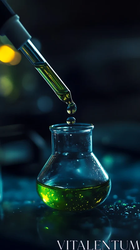 Laboratory pipette dispensing fluorescent solution into Erlenmeyer