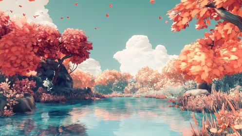 Pastel fantasy river under coral autumn trees.