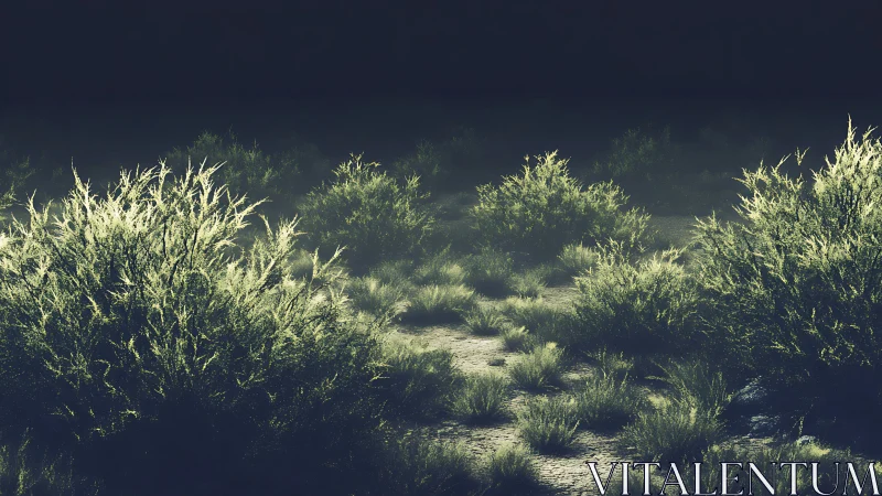 Soft desert shrubs glowing gently in quiet twilight calm.