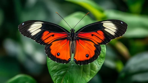 Photorealistic macro of red-black butterfly on foliage plane.