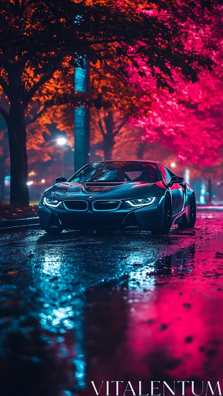 Electric coupe under neon trees on rain-soaked avenue.
