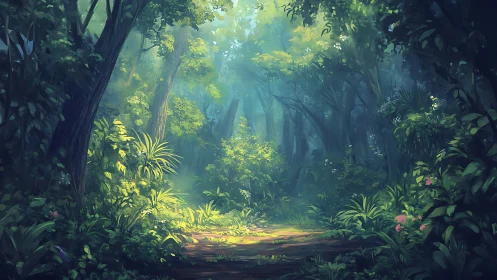 Misty forest canopy path with golden light filtering through dense vegetation