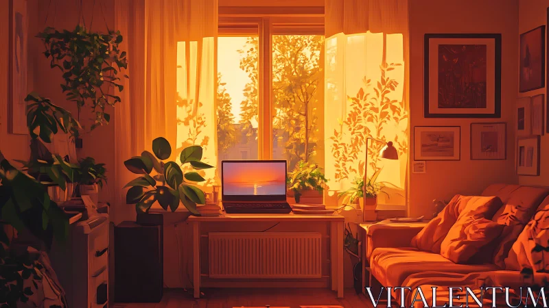 Cozy sunset home office glowing with plants and soft light.